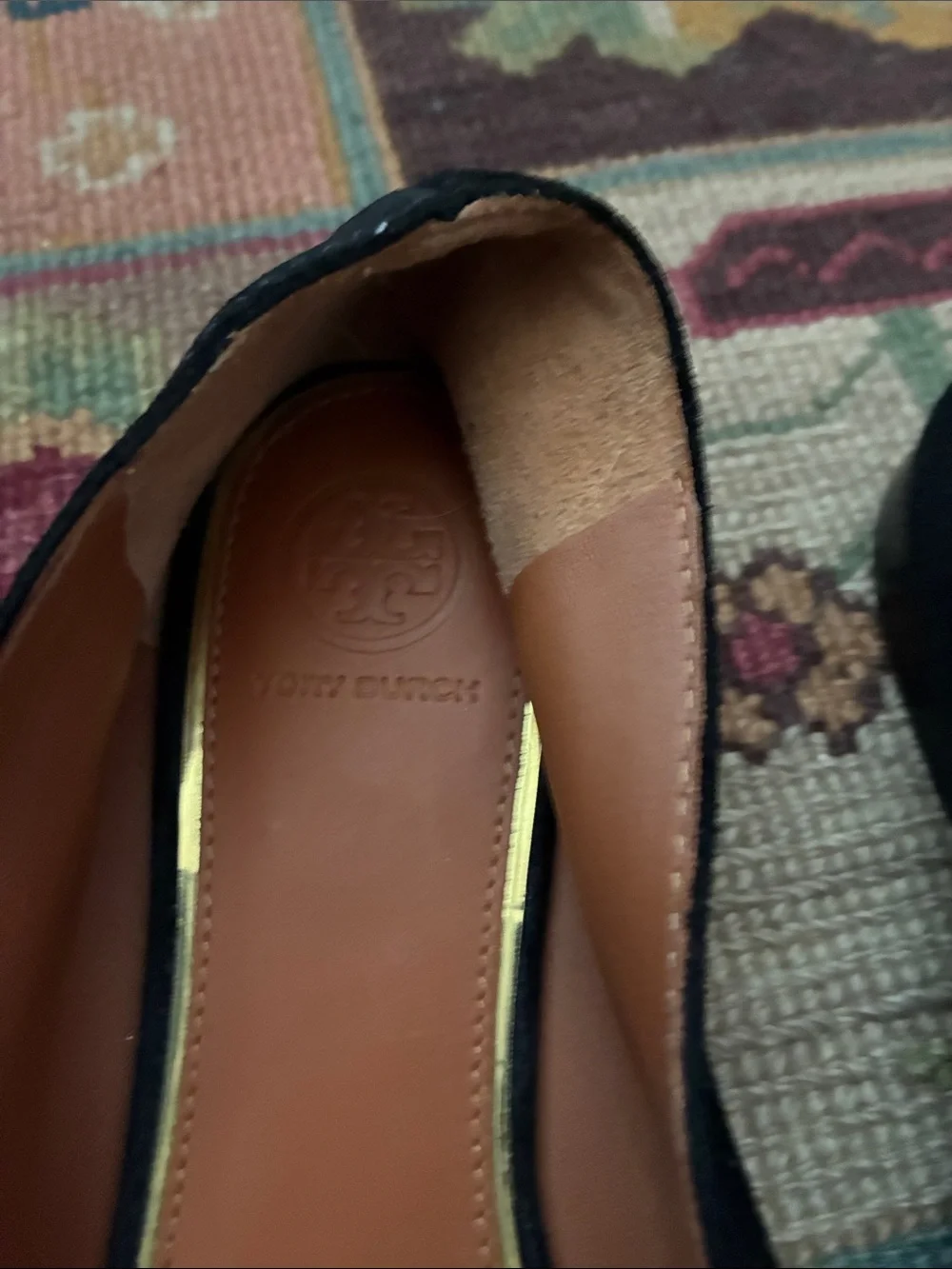 Tory Burch Black Suede Loafers with Gold Logo Medallion - Picture 2 of 3